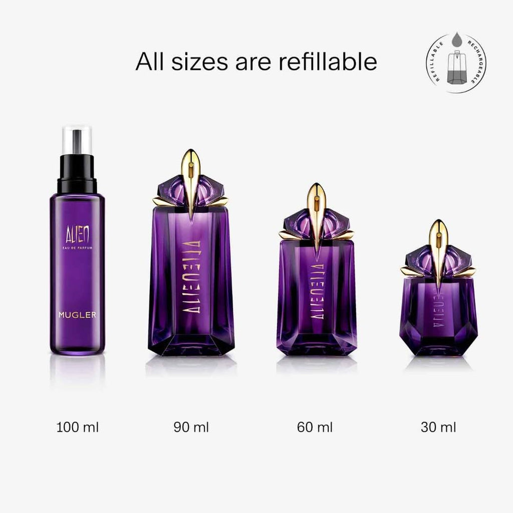 Mugler Alien Eau de Parfum, Refillable Womens Perfume, Iconic Woody Floral Fragrance with Sensual Jasmine Sambac, Cashmeran Wood, Enveloping White Amber, (Full Size, Refill or Gift set)