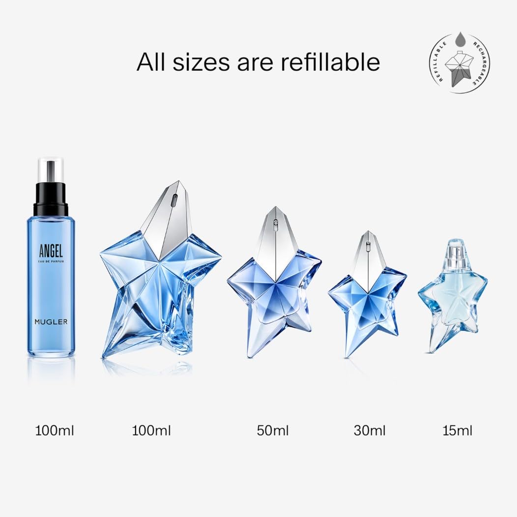 Mugler Angel Eau de Parfum, Iconic Ambery Gourmand Perfume for Women with Bergamot, Praline, Patchouli, Vanilla, Refillable Star Bottle, Bold Sensual Fragrance, (Full Size, Refill or Gift set)