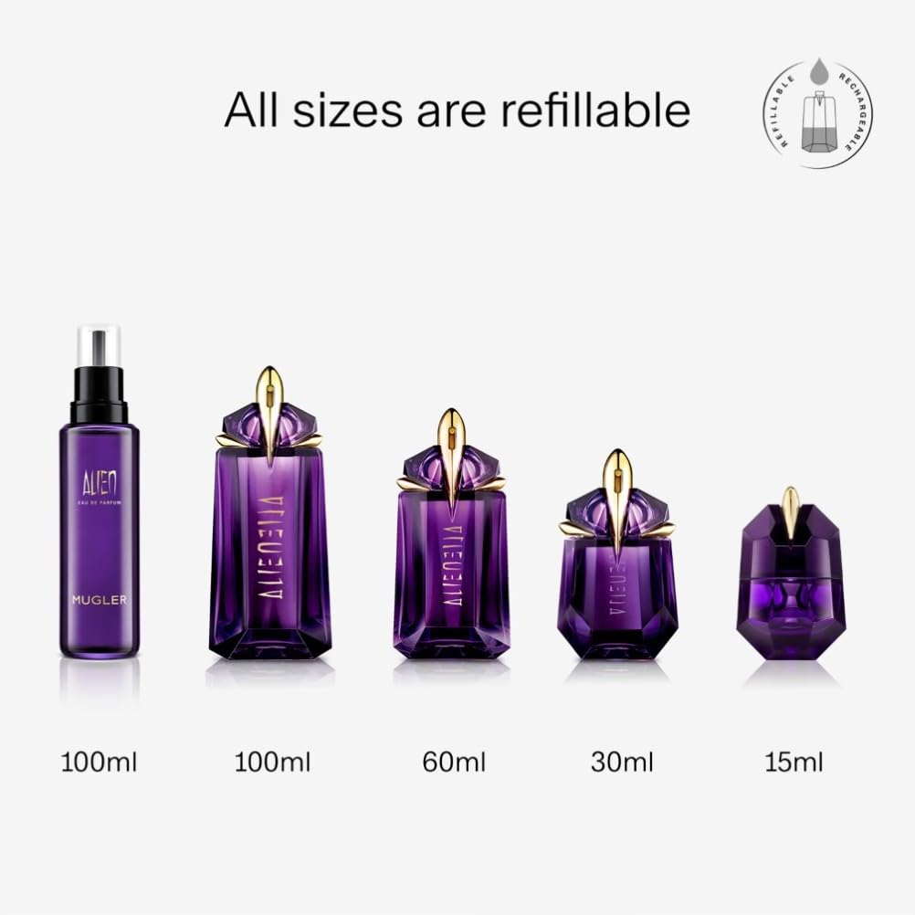 Mugler Alien Eau de Parfum, Refillable Womens Perfume, Iconic Woody Floral Fragrance with Sensual Jasmine Sambac, Cashmeran Wood, Enveloping White Amber, (Full Size, Refill or Gift set)