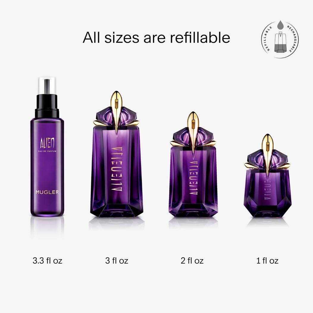 Mugler Alien Eau de Parfum, Refillable Womens Perfume, Iconic Woody Floral Fragrance with Sensual Jasmine Sambac, Cashmeran Wood, Enveloping White Amber, (Full Size, Refill or Gift set)