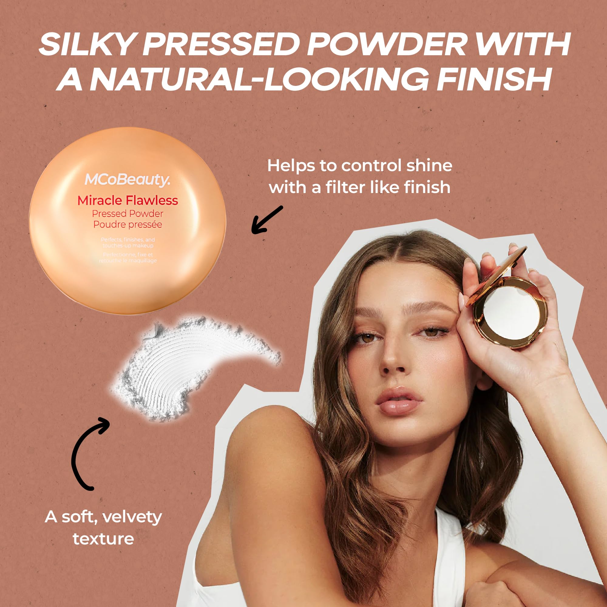 MCoBeauty - Miracle Flawless Pressed Powder - 1 Light Shade - Pressed Compact Setting Powder with Rose Flower Extract and Sweet Almond Oil - Blurring & Smoothing Skin Finishing Makeup