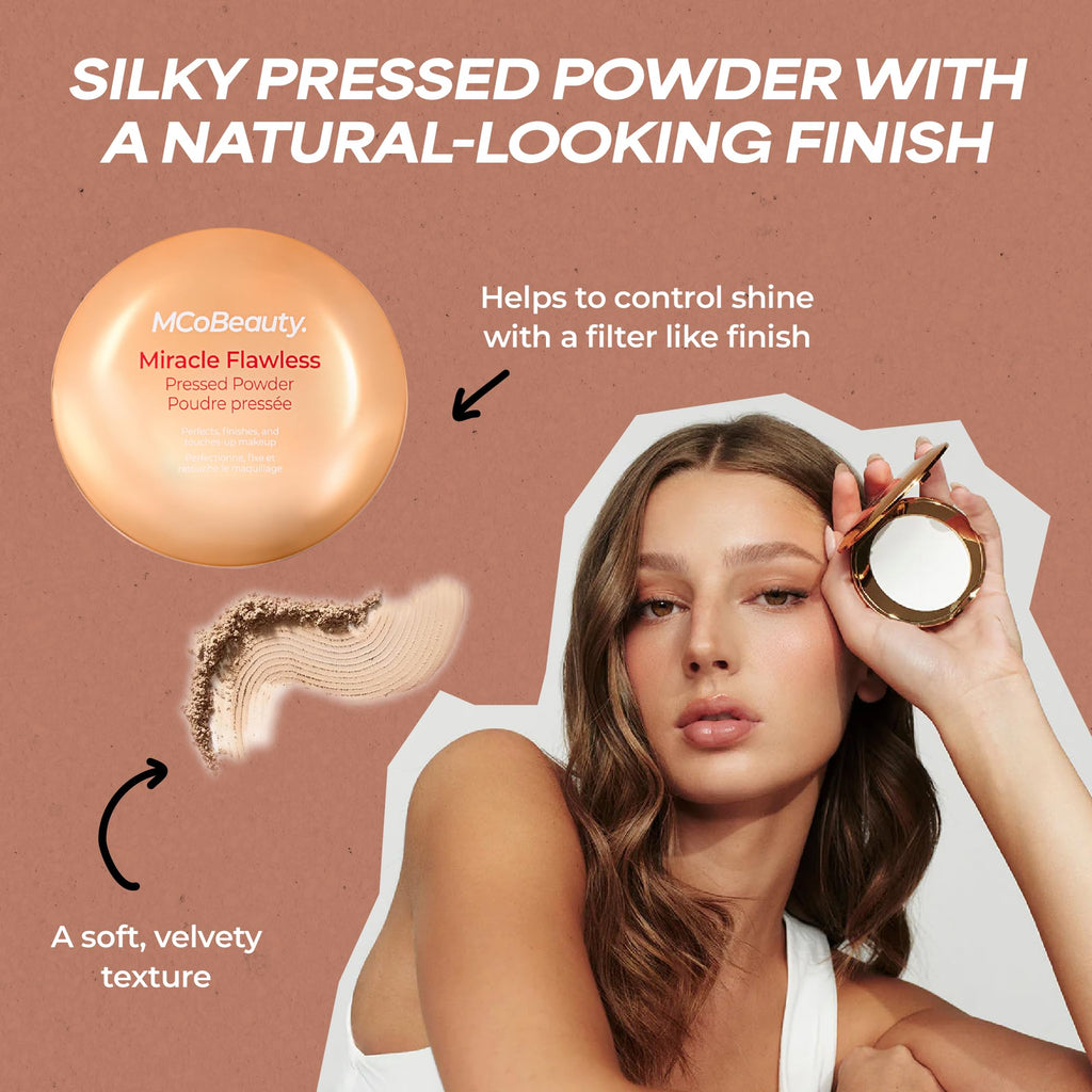 MCoBeauty - Miracle Flawless Pressed Powder - 1 Light Shade - Pressed Compact Setting Powder with Rose Flower Extract and Sweet Almond Oil - Blurring & Smoothing Skin Finishing Makeup