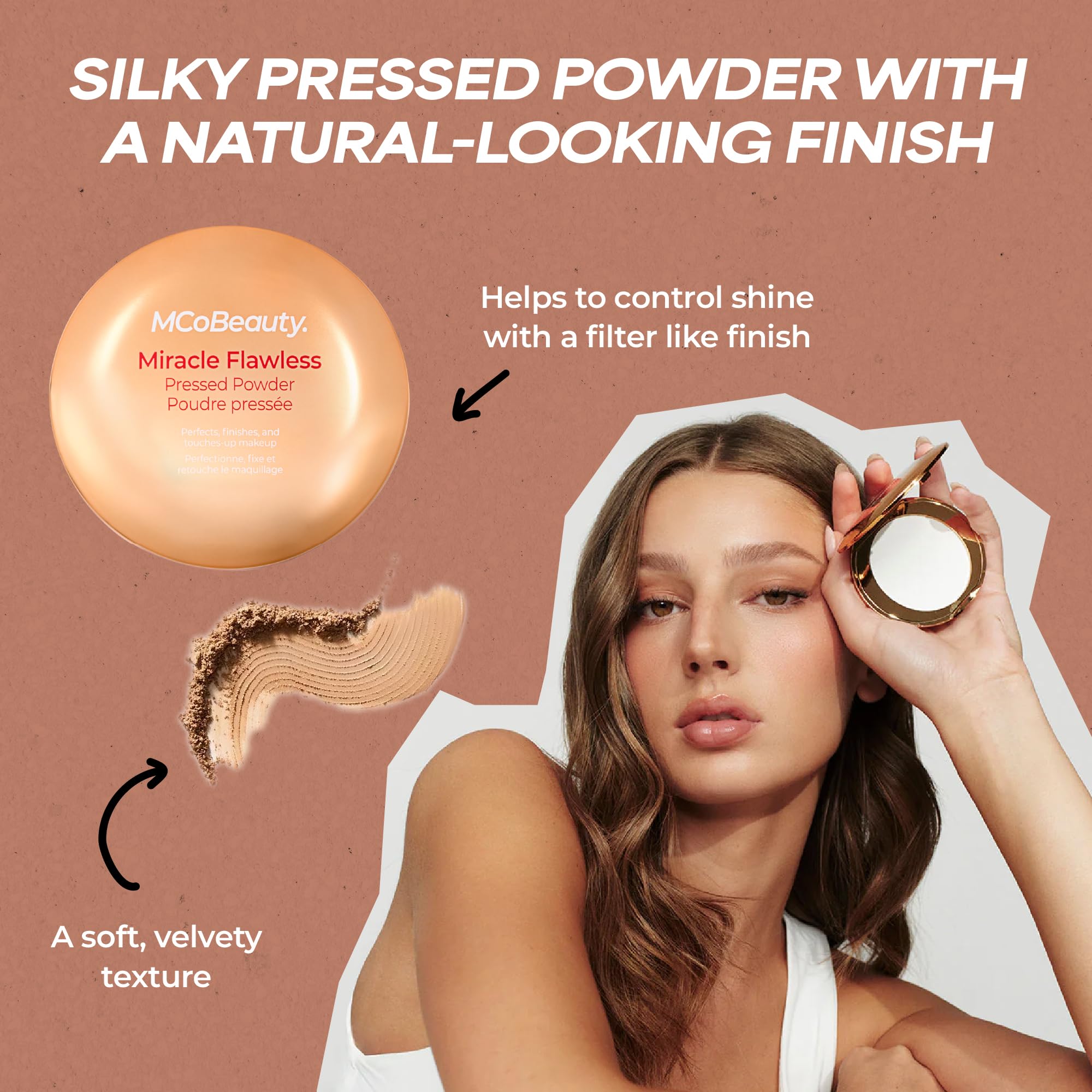 MCoBeauty - Miracle Flawless Pressed Powder - 1 Light Shade - Pressed Compact Setting Powder with Rose Flower Extract and Sweet Almond Oil - Blurring & Smoothing Skin Finishing Makeup