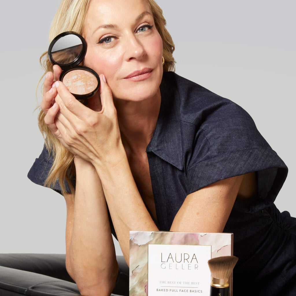 LAURA GELLER NEW YORK Baked Starter Kit - Best of the Best Full Face Palette + Baked Balance-n-Brighten Powder Foundation + Retractable Angled Kabuki Brush Set (02 Fair)