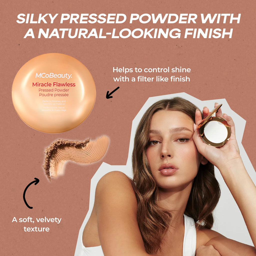MCoBeauty - Miracle Flawless Pressed Powder - 1 Light Shade - Pressed Compact Setting Powder with Rose Flower Extract and Sweet Almond Oil - Blurring & Smoothing Skin Finishing Makeup