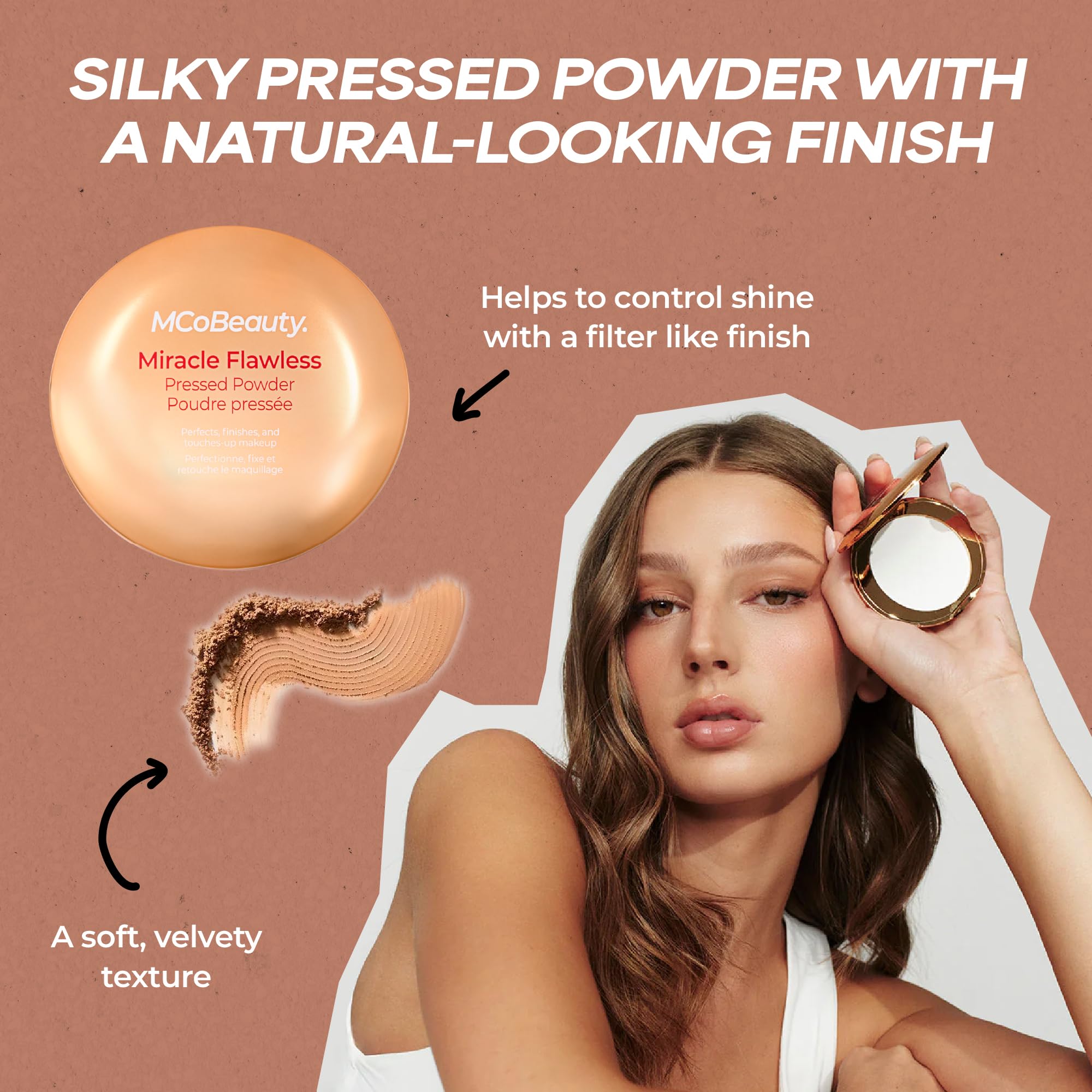 MCoBeauty - Miracle Flawless Pressed Powder - 1 Light Shade - Pressed Compact Setting Powder with Rose Flower Extract and Sweet Almond Oil - Blurring & Smoothing Skin Finishing Makeup
