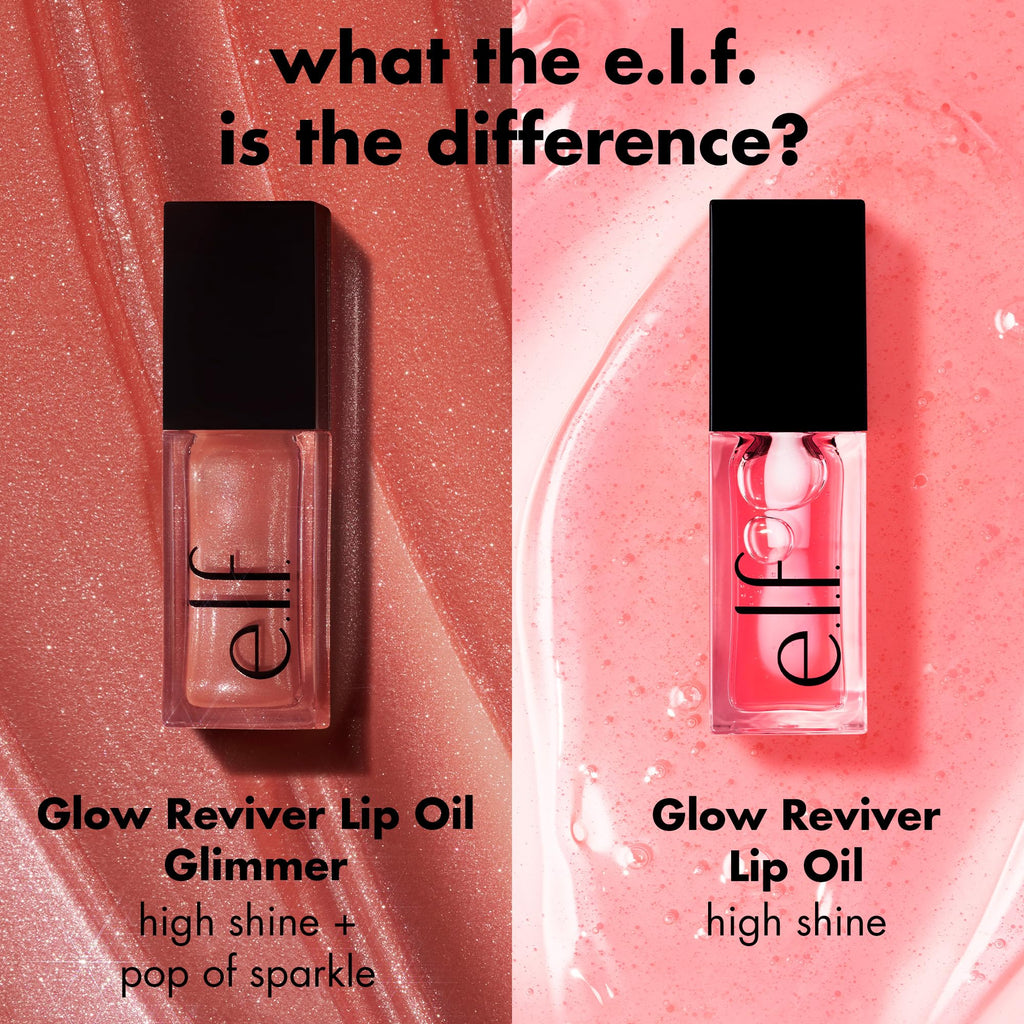 e.l.f. Glow Reviver Lip Oil, Nourishing and Hydrating with High-Shine Glimmer Finish & Sheer Wash of colour, Minty Scent, Non-Sticky, Vegan & Cruelty-free, Super-neutral
